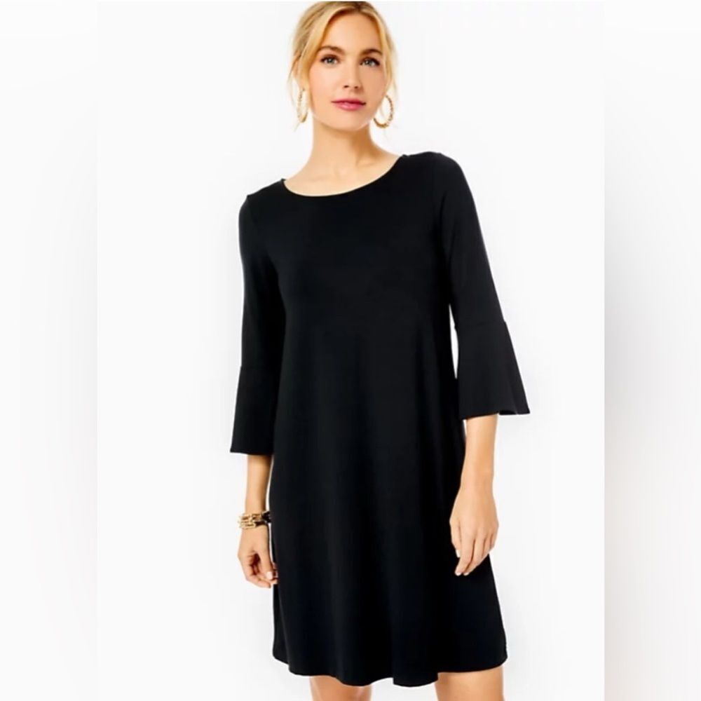 Lilly Pulitzer women’s medium black Ophelia‎ swing dress jersey flounce sleeve